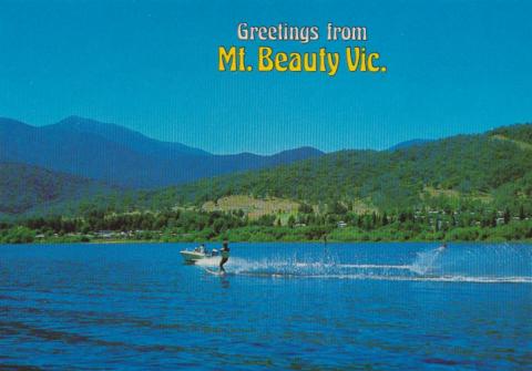 Water ski-ing and Mount Beauty township from the Pondage Lake, Mount Beauty