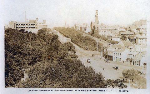 Looking towards St Vincents Hospital and Fire station, East Melbourne, c1920