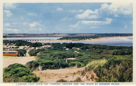 Looking east over the camping ground and the river at Barwon Heads, 1964