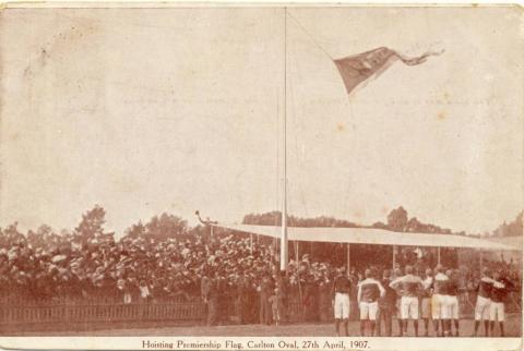 Hoisting Premiership Flag, Carlton Oval, 1907