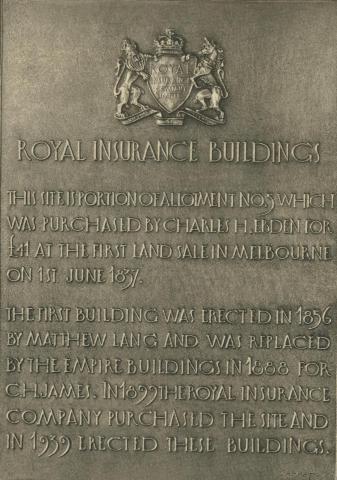 Royal Insurance Building, historical plaque in the lift lobby, Melbourne, 1940