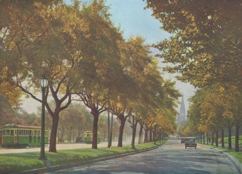 St Kilda Road, St Pauls Cathedral spires in the distance, Melbourne, 1935