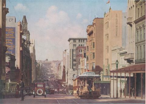 Bourke Street, looking towards Parliament House, Melbourne, 1935