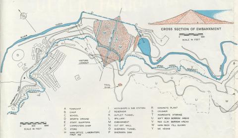 Locality plan of the dam, showing layout of construction roads and township, Upper Yarra Dam, 1954