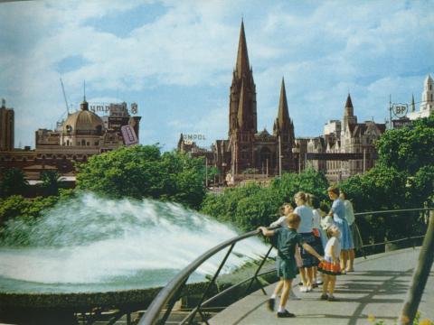 Southgate Fountain and Melbourne Skyline, c1958