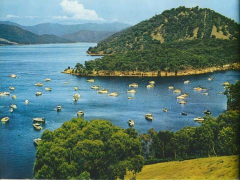 Overlooking the Boating Club Harbour at Eildon Lake, c1958