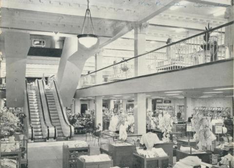 Interior of the new Moore's, showing escalator and mezzanine floor, Chapel Street, Prahran, 1960