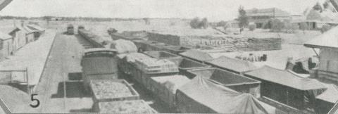 Wheat trucks and stack at Ouyen, 1927