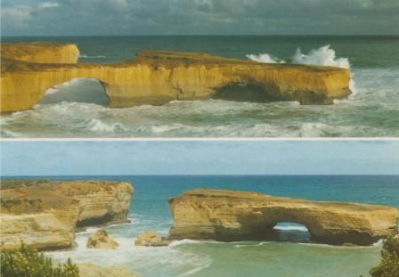 London Bridge, before and after section collapse, Jan 1990, west of Port Campbell