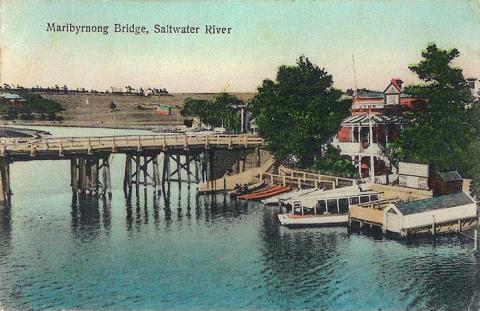 Maribyrnong Bridge, Saltwater River showing Anglers Hotel, Mooney Ponds c1910