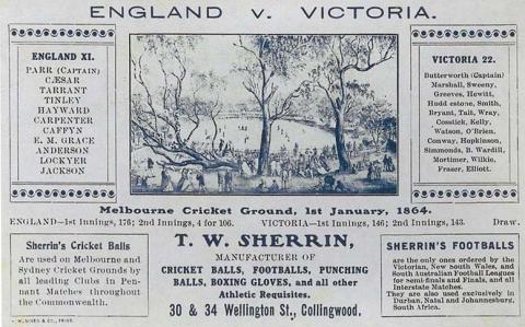 Advertisement for T.W. Sherrin sporting goods c1904, featuring a cricket match at the MCG in 1864