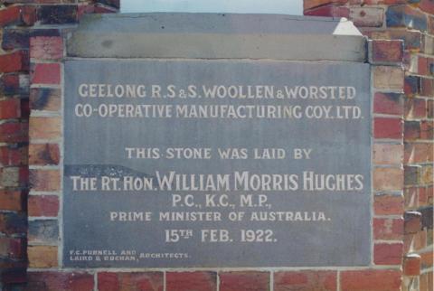 Foundation Stone, R.S.&.S Woollen Mill, Geelong, 1997