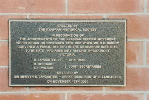 Plaque commemorating the Kyabram Reform Movement, 2002