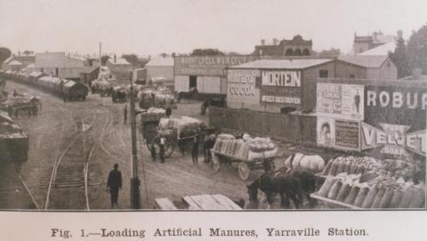 Loading artificial manure, Yarraville station, 1913