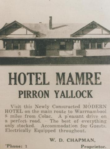 Advertisement, Hotel Mamre, Pirron Yallock, 1937