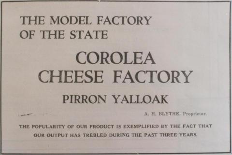 Advertisement Corolea cheese factory, Colac, 1937