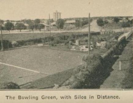 The bowling green, with silos in distance, Dimboola