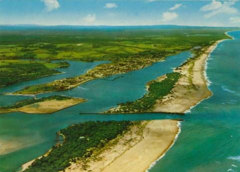 Aerial view showing the Entrance with township in background, Lakes Entrance