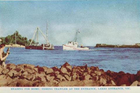 Fishing trawler at the Entrance, Lakes Entrance, 1965