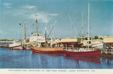 Unloading the trawlers at the Fish Wharf, Lakes Entrance, 1965