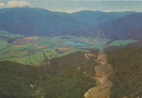 Looking at Mount Beauty township and Mt Bogong from the power lines, 1979