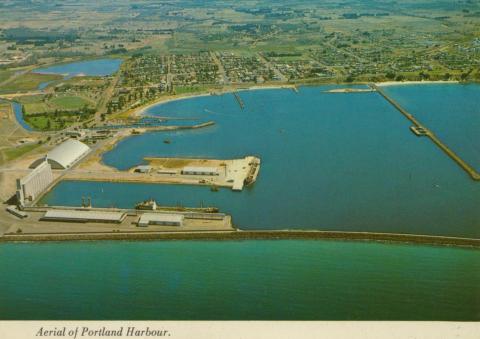 Aerial of Portland Harbour with grain silos and K.S. Anderson Wharf