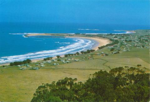 View of the beach, harbour and township, Apollo Bay, 1973