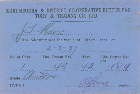 Korumburra and District Co-operative Butter Factory Notice, 1937