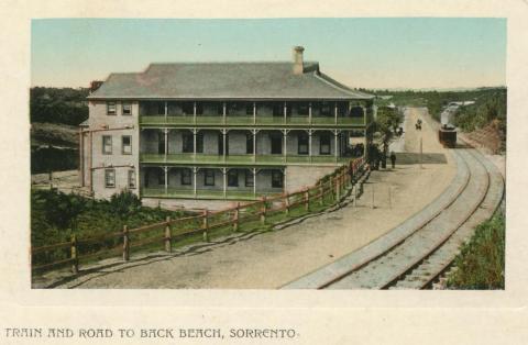 Train and road to Back Beach, Sorrento, 1909