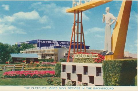 The Fletcher Jones sign, office in background, Pleasant Hill, Warrnambool