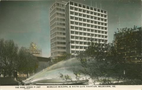 Mobilgas Building and South Gate Fountain, Melbourne