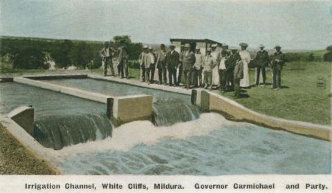 Governor Carmichael and party, Irrigation Channel, White Cliffs, Mildura, c1910