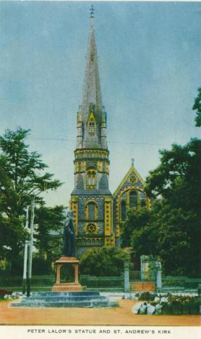 Peter Lalor's Statue and St Andrew's Kirk, Ballarat, 1958