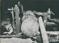 The Symonson log turning unit in a mill, Powelltown, 1955