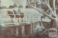 Man on horseback crossing wooden bridge, Bayswater, 1947