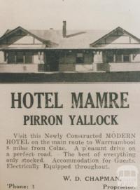 Advertisement, Hotel Mamre, Pirron Yallock, 1937