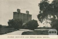 Station entrance and wheat silos, Donald, 1949