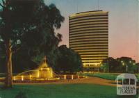 Sir Macpherson Robertson Fountain with BP building, St Kilda Road, Melbourne, 1973