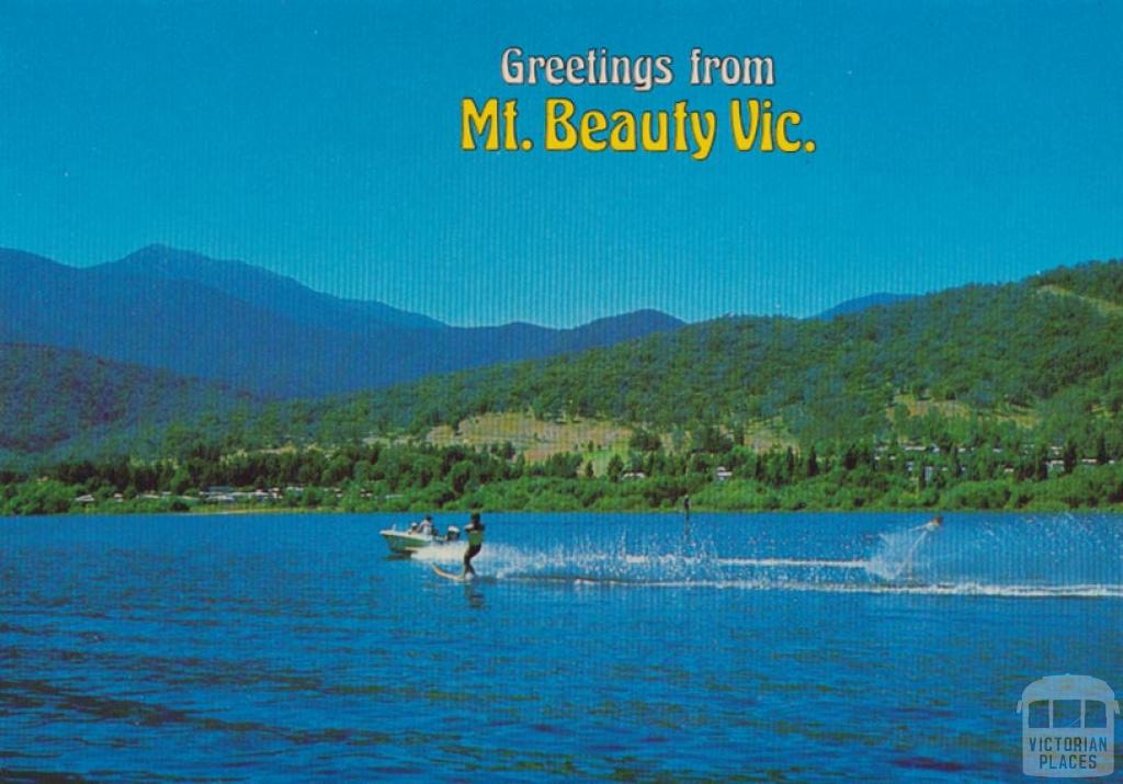 Water ski-ing and Mount Beauty township from the Pondage Lake, Mount Beauty