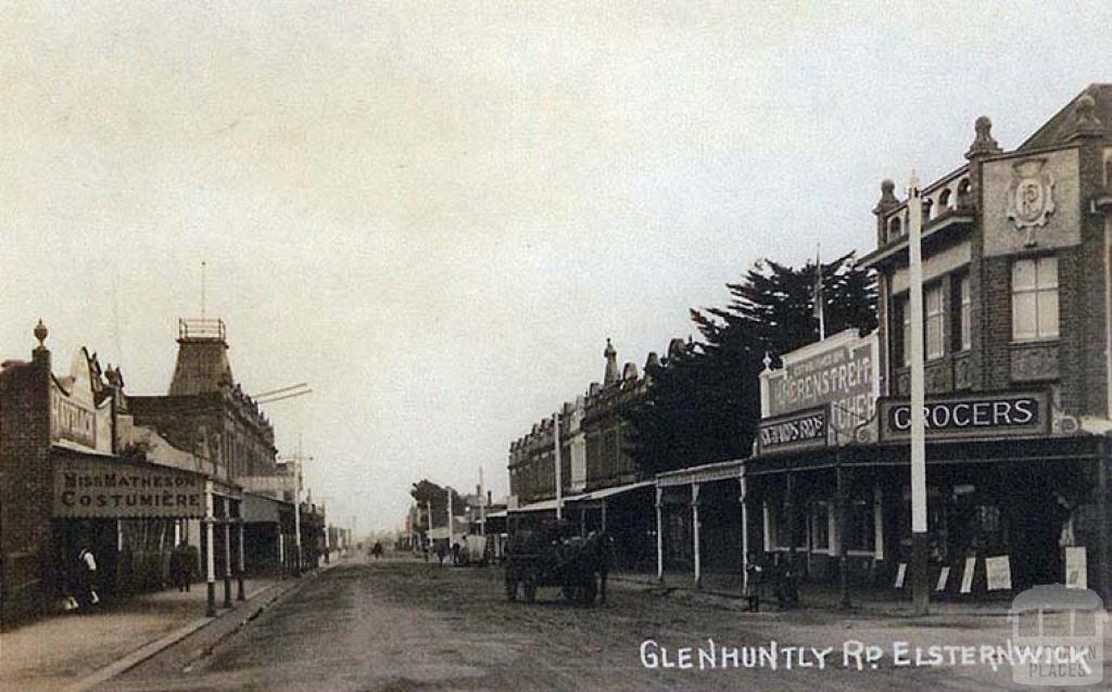 Glenhuntly Road, Elsternwick, c1909. Shops include H. Herenstreit Butcher establ