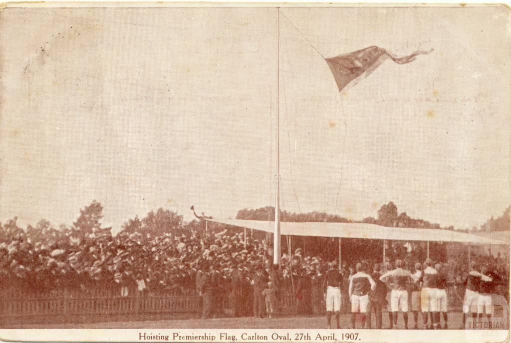 Hoisting Premiership Flag, Carlton Oval, 1907