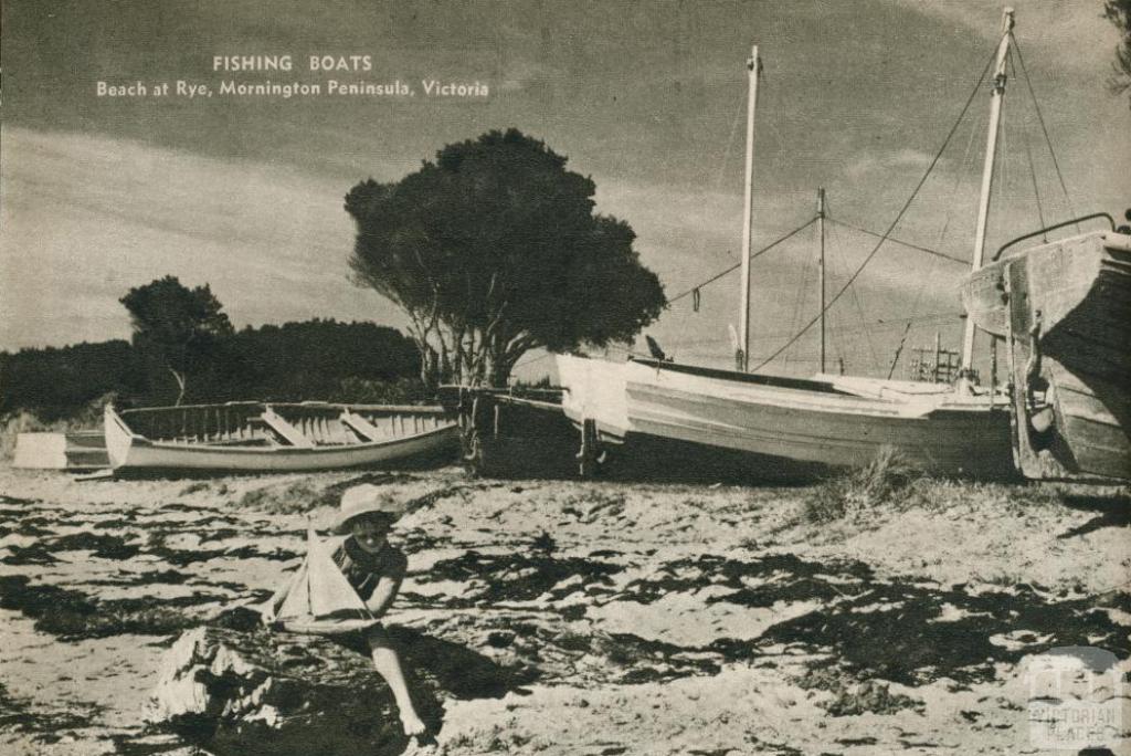 Fishing boats, beach at Rye, Mornington Peninsula, 1954