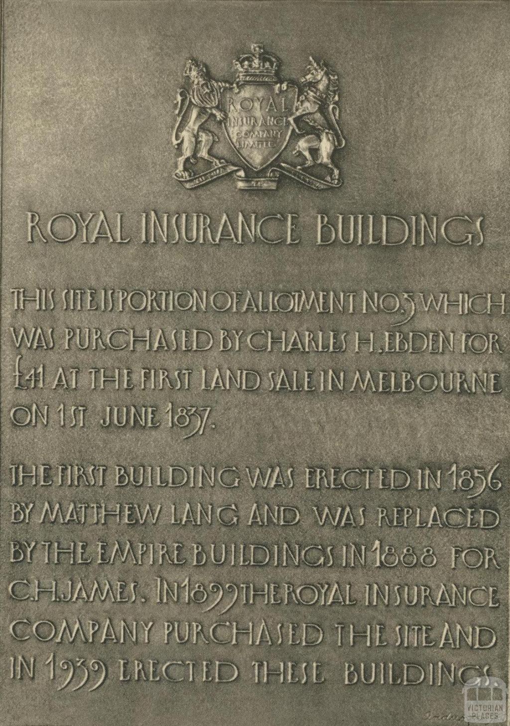 Royal Insurance Building, historical plaque in the lift lobby, Melbourne, 1940