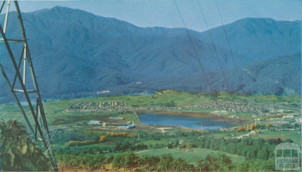 Mount Beauty township and Mount Bogong from Tawonga Gap, c1960