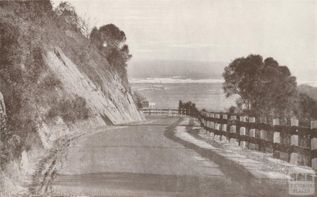 The Princes Highway, with the entrance to the Gippsland Lakes beyond, 1934