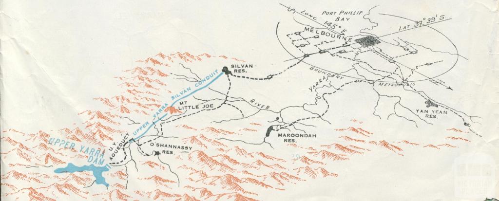 The Upper Yarra Project (in blue) and the existing water supply system of Melbourne (in black), Upper Yarra Dam, 1954