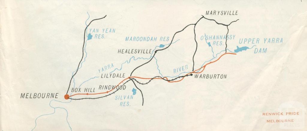 Road and Rail Map from Melbourne to the Upper Yarra Dam, 1954