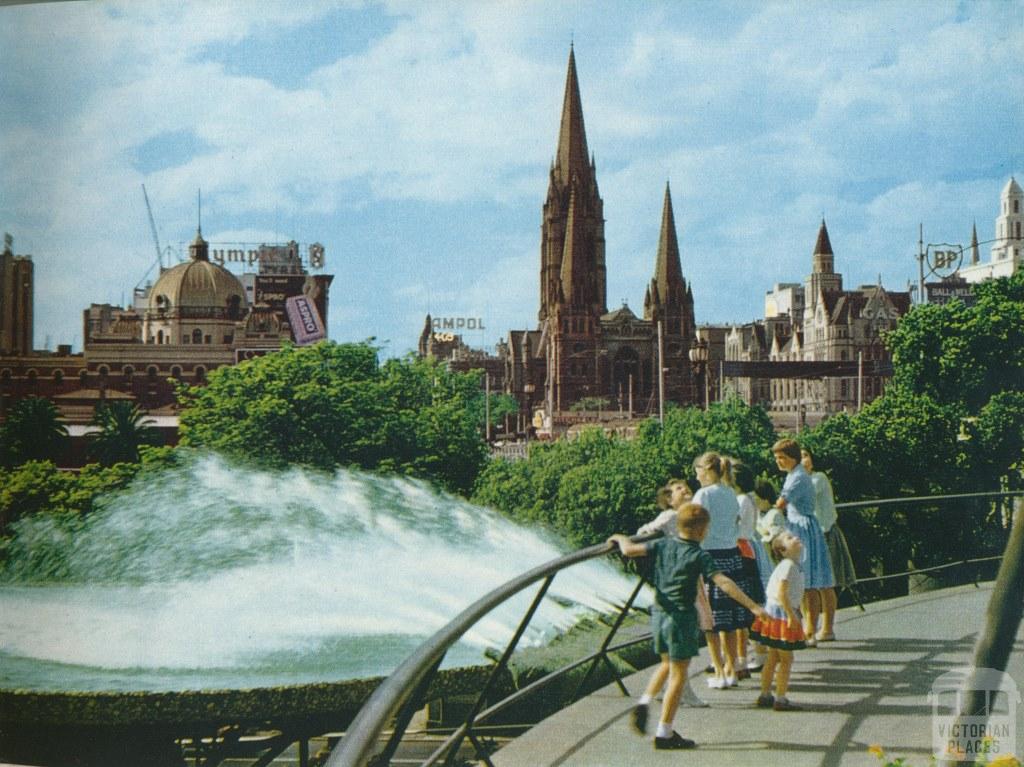 Southgate Fountain and Melbourne Skyline, c1958