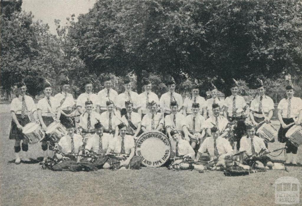 Members of the Pipe Band, Princes Park Oval, Maryborough, 1961