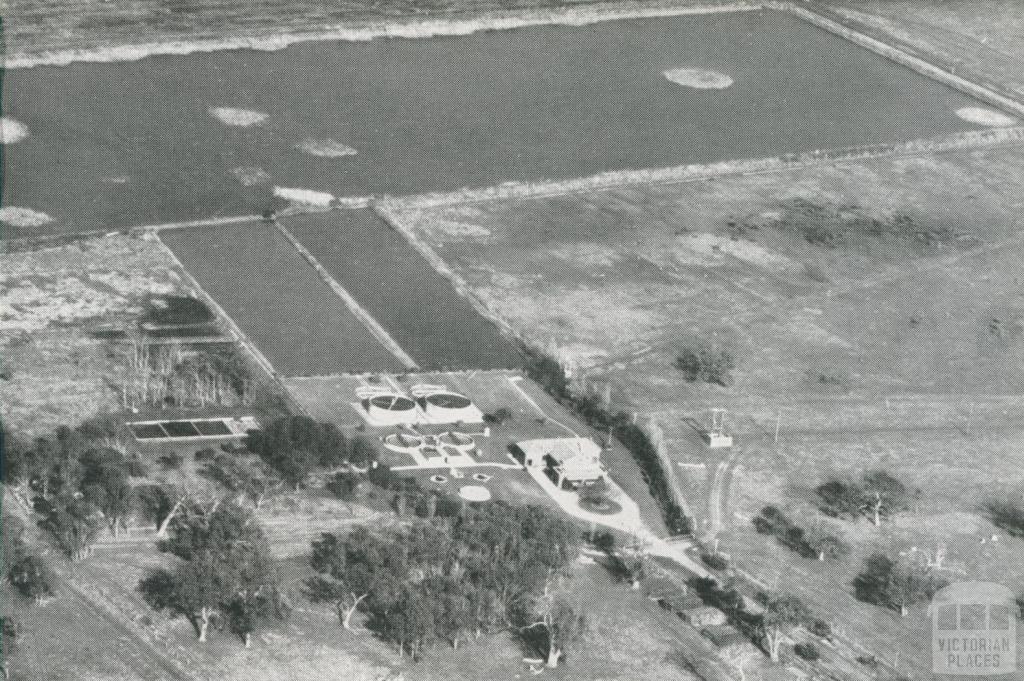 Aerial view of the Sewage Treatment Works, Braeside, 1955